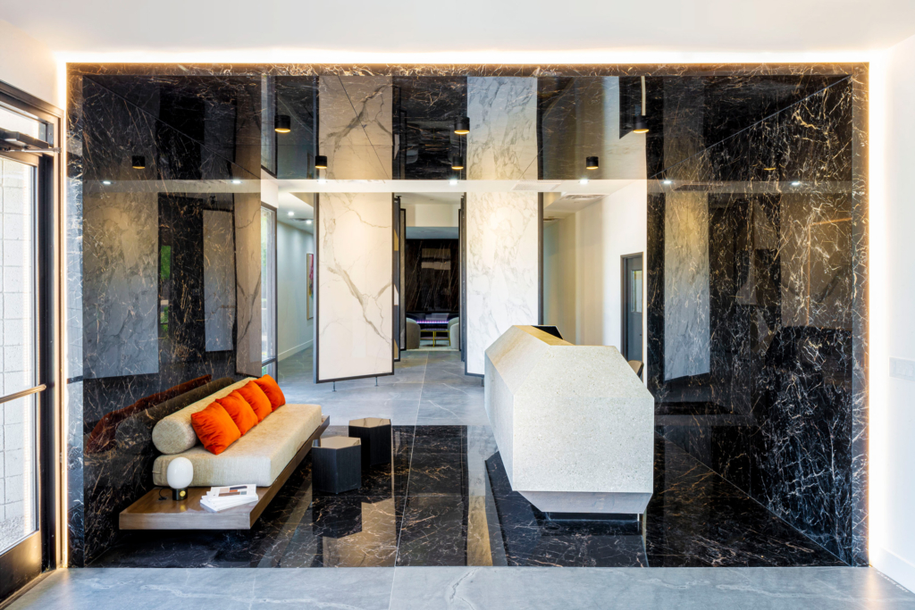 Phoenix showroom entrance showcasing sintered stone and porcelain ceiling and walls