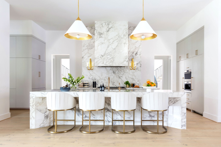 Large-format Porcelain Kitchen Countertops, Backsplash, Waterfall Islands, and Vent Hood in Arabescato