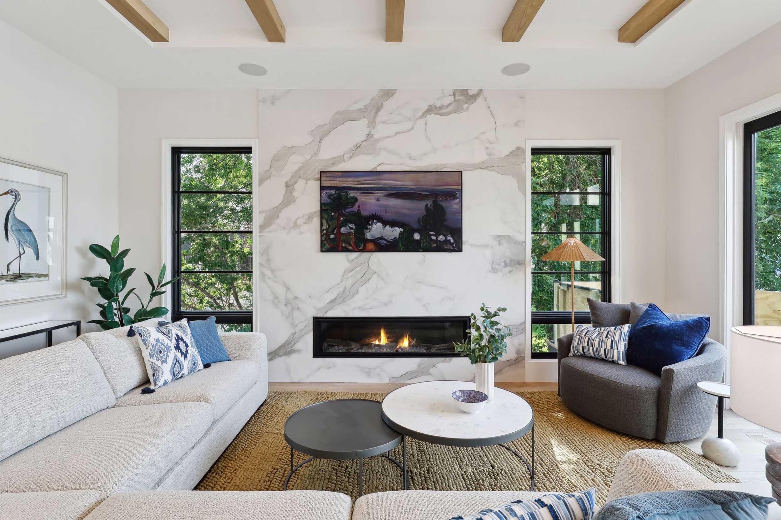 Large-format Porcelain Sintered Stone Fireplace Cladding in White Classico